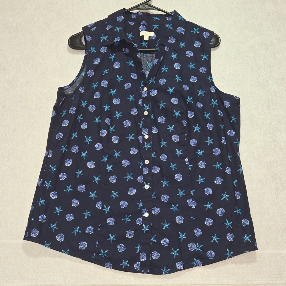 Talbots Petite Sleeveless Shell Top Navy Blue Seashell Starfish Print ptp:20.5"